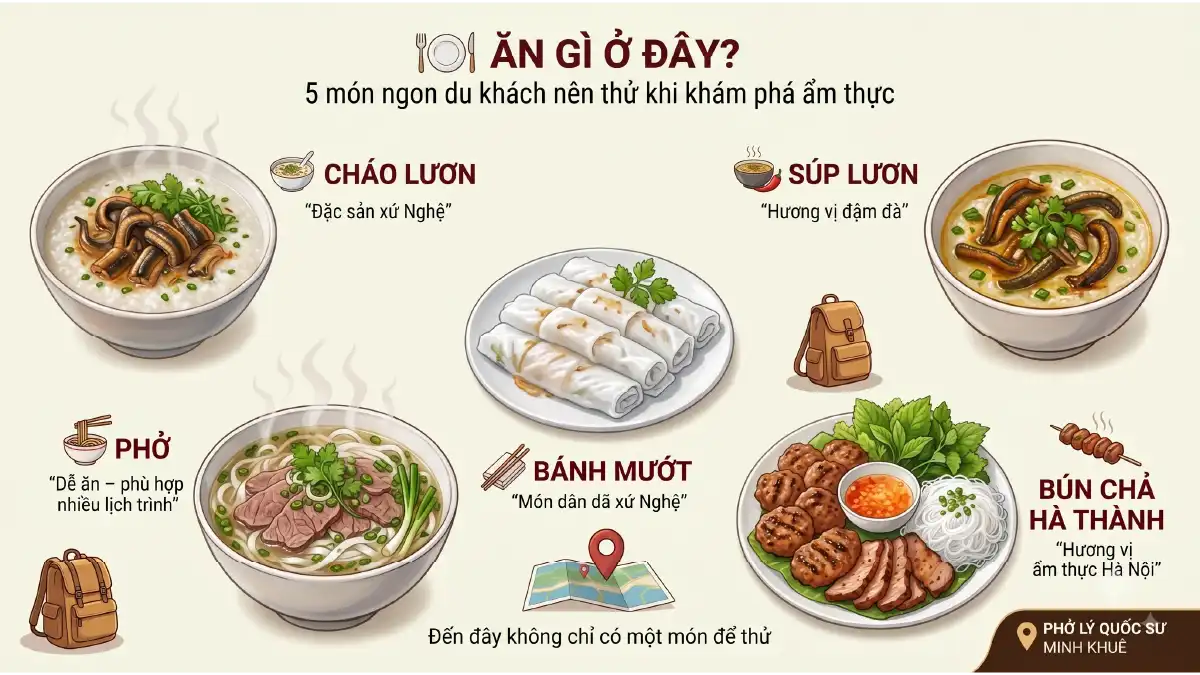 Infographic 5 món ngon nên thử khi khám phá ẩm thực Vinh: cháo lươn xứ Nghệ, súp lươn, phở bò Lý Quốc Sư Minh Khuê, bánh mướt và bún chả Hà Thành
