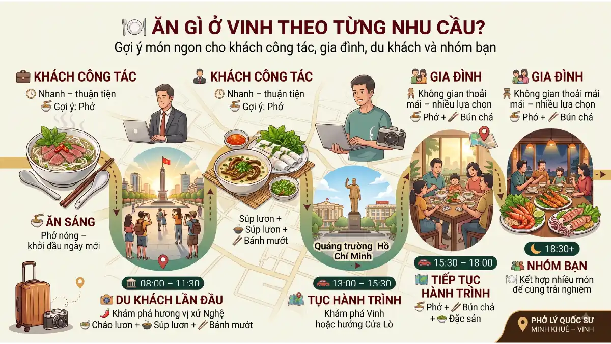 Infographic gợi ý ăn gì ở Vinh theo từng nhu cầu: khách công tác, gia đình, du khách lần đầu và nhóm bạn – Phở Lý Quốc Sư Minh Khuê