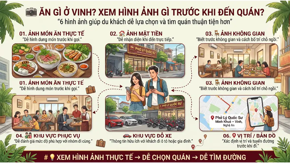 Infographic 6 hình ảnh cần xem trước khi chọn quán ăn ở Vinh: món ăn thực tế, mặt tiền nhận diện, không gian, khu phục vụ, bãi đỗ xe và định vị bản đồ – Phở Lý Quốc Sư Minh Khuê