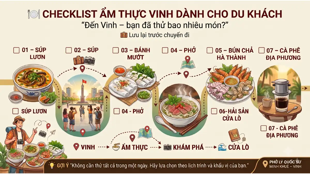 Infographic checklist ẩm thực Vinh dành cho du khách: súp lươn, bánh mướt, phở Lý Quốc Sư Minh Khuê, bún chả Hà Thành, hải sản Cửa Lò và cà phê địa phương