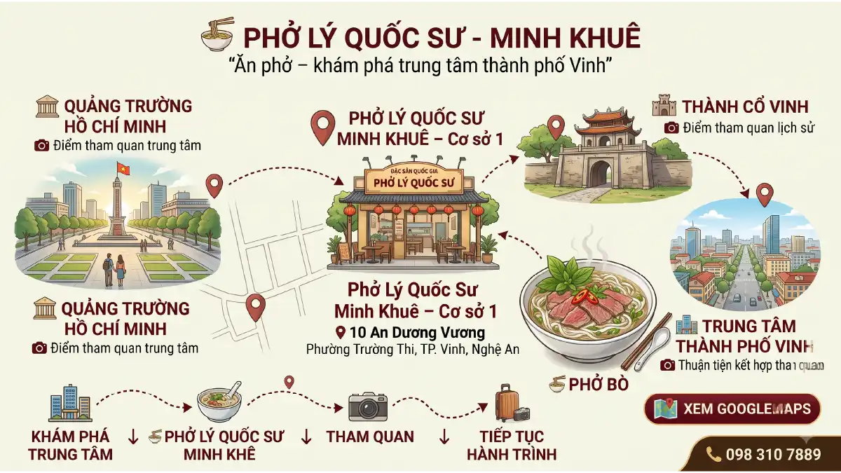 Bản đồ Google Maps chỉ đường đến quán Phở Lý Quốc Sư Minh Khuê Cơ sở 1 tại số 10 An Dương Vương, Phường Trường Thi, TP Vinh, Nghệ An