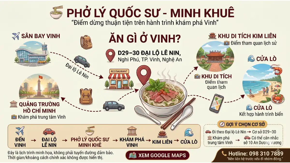 Bản đồ Google Maps chỉ đường đến quán Phở Lý Quốc Sư Minh Khuê Cơ sở 2 tại D29–30 Đại lộ Lê Nin, Xã Nghi Phú, TP Vinh, Nghệ An