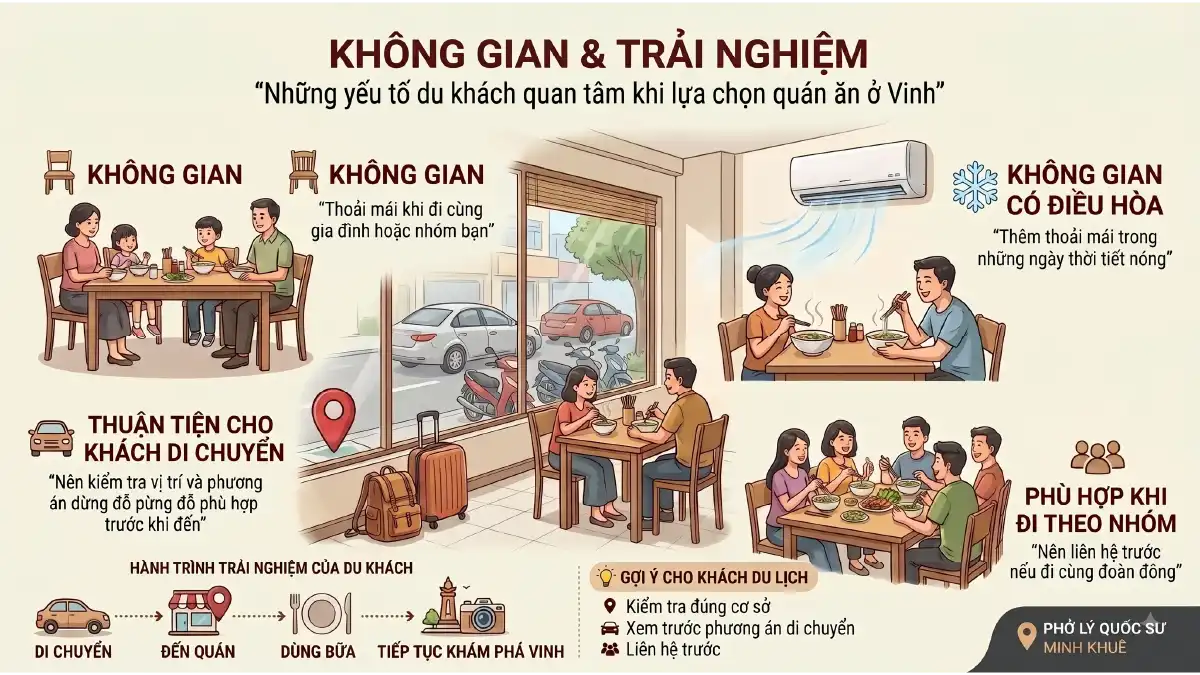 Infographic không gian và trải nghiệm tại Phở Lý Quốc Sư Minh Khuê Vinh: phòng máy điều hòa mát mẻ, chỗ đỗ xe ô tô thuận tiện, phù hợp gia đình và nhóm đông