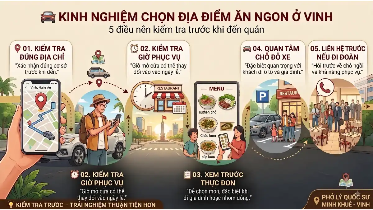 5 kinh nghiệm chọn quán ăn ngon ở Vinh: kiểm tra địa chỉ, giờ phục vụ, thực đơn, bãi đỗ xe và đặt chỗ trước – Phở Lý Quốc Sư Minh Khuê