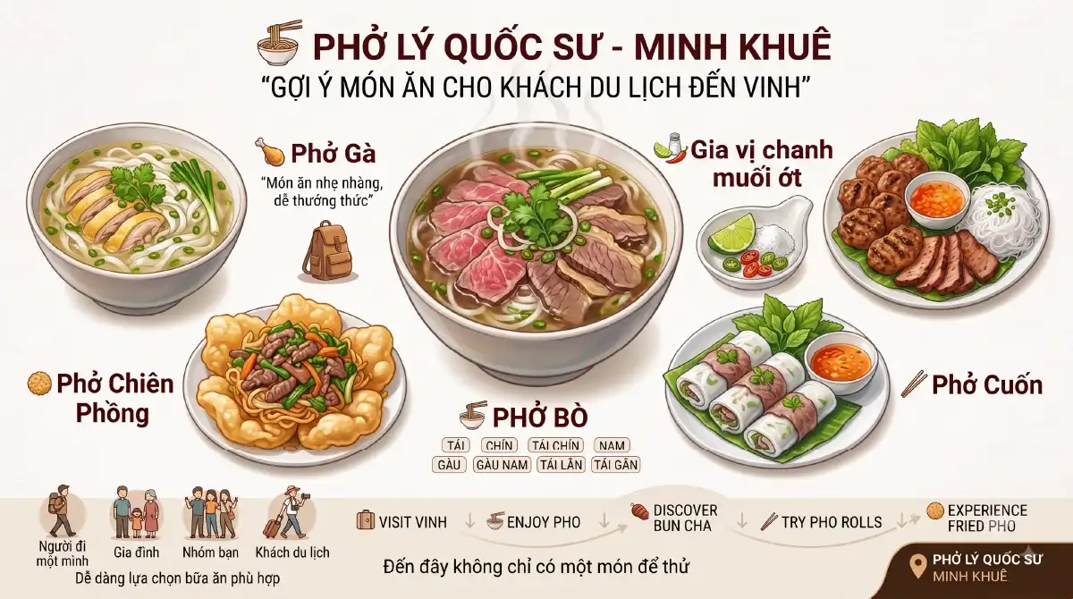Infographic thực đơn gợi ý món ăn cho khách du lịch đến Vinh tại Phở Lý Quốc Sư Minh Khuê gồm phở bò, phở gà, bún chả Hà Thành, phở cuốn và phở chiên phồng