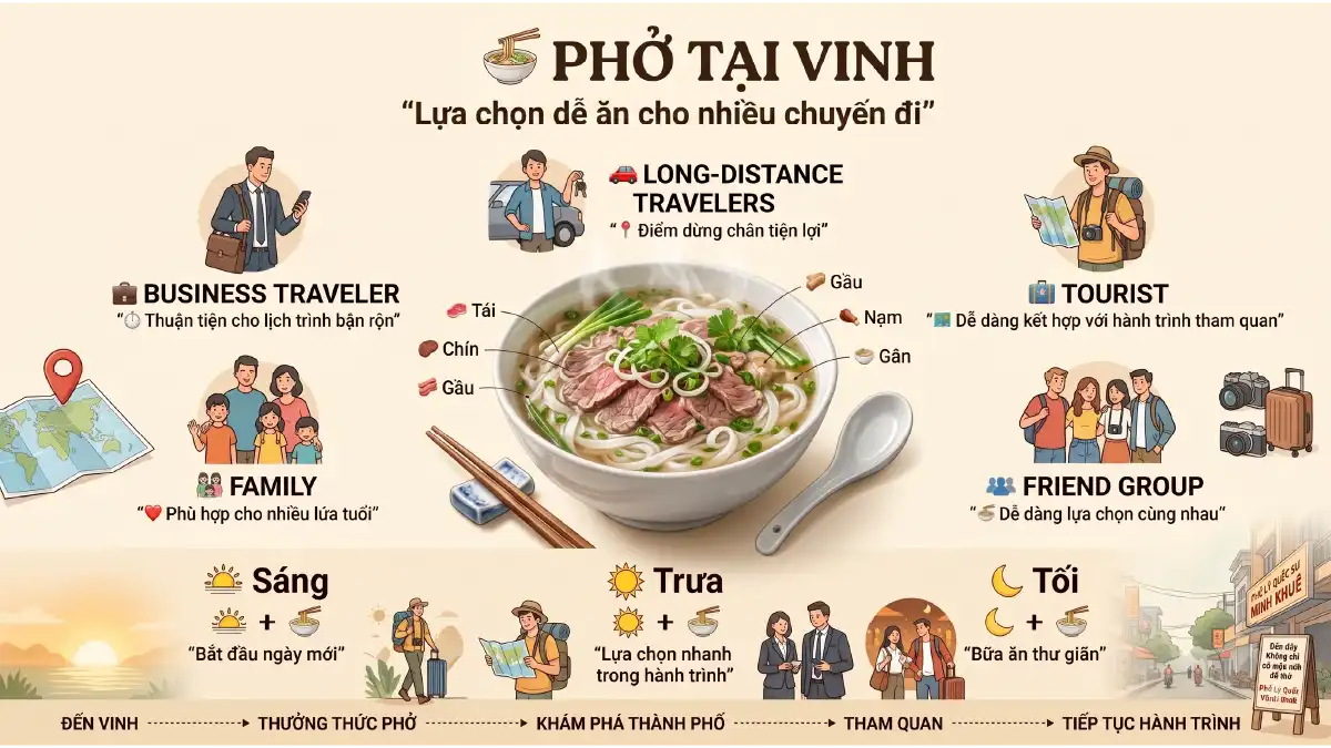 Infographic cẩm nang phở tại Vinh - lựa chọn ẩm thực dễ ăn cho khách công tác, gia đình, du khách và người đi đường dài tại Phở Lý Quốc Sư Minh Khuê